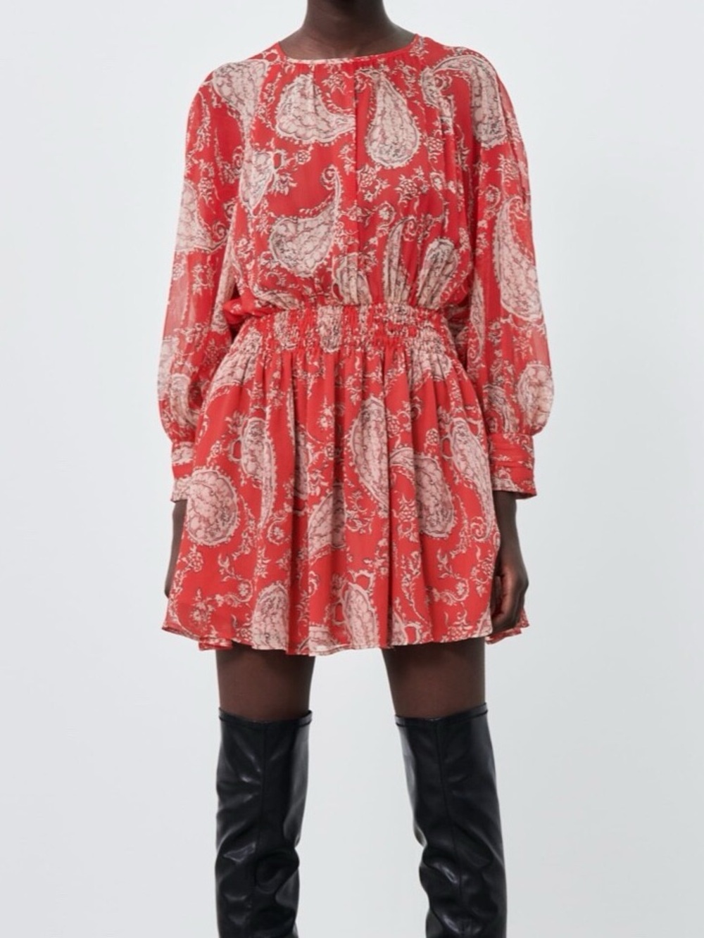 Zara Red Paisley Long-Sleeve Mini Dress